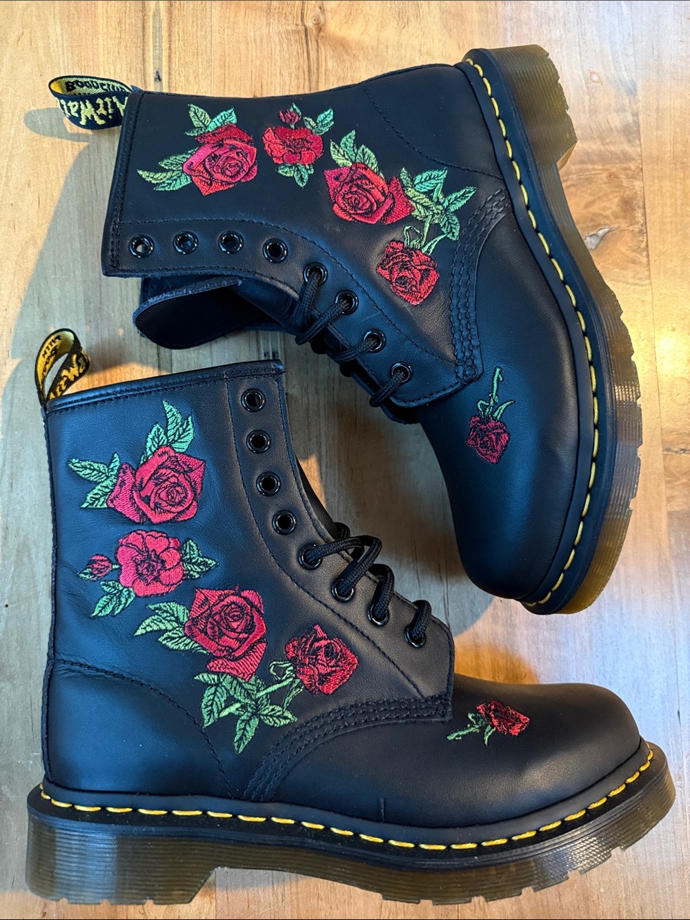 NWOT Dr. Martens Black Leather Boots with Red Rose Embroidery
